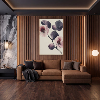 Fig Blossom Closeup Bold Study wall art in an elegant modern room – vintage botanical fig branch with plum leaves, two