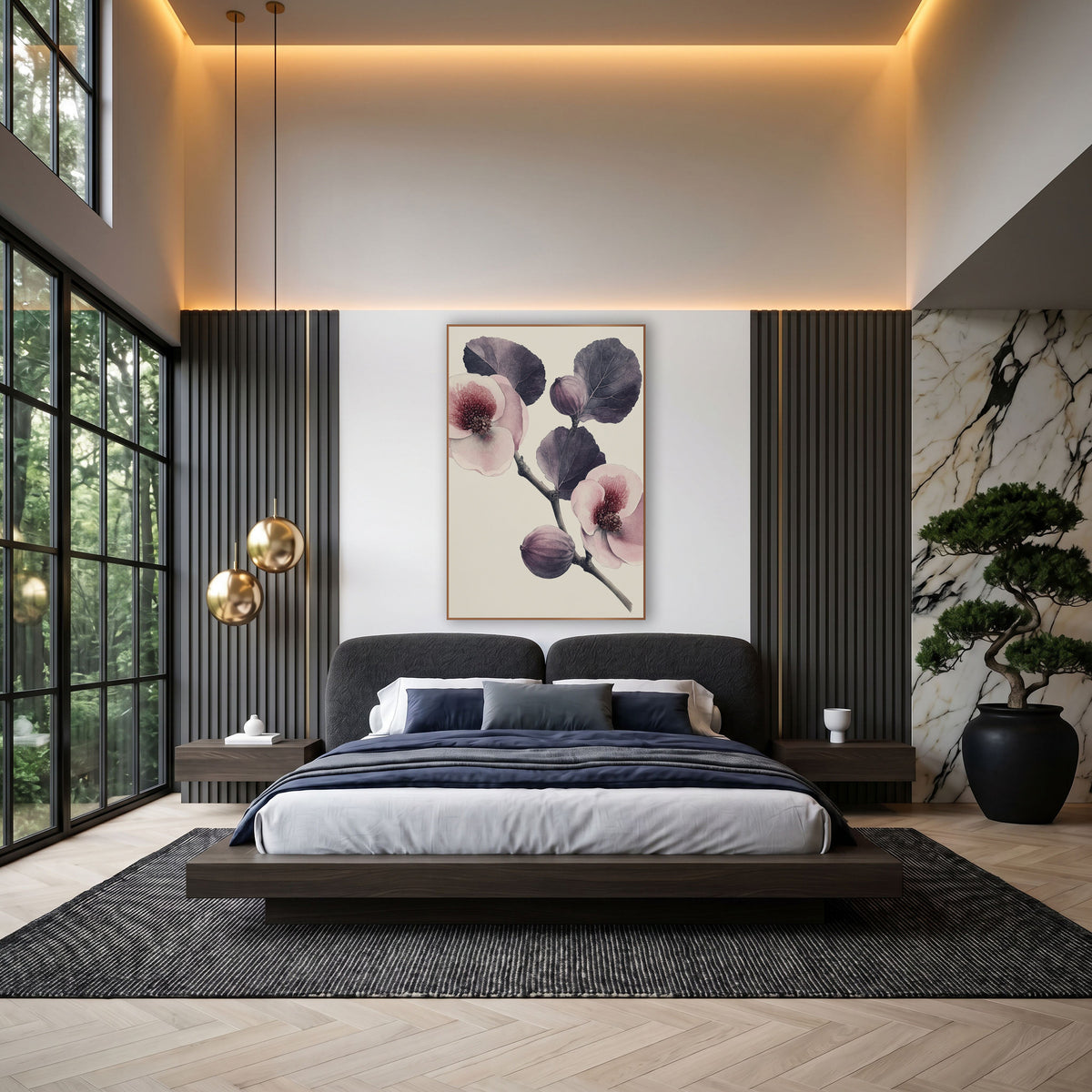 Fig Blossom Closeup Bold Study wall art in an elegant modern room – vintage botanical fig branch with plum leaves, two