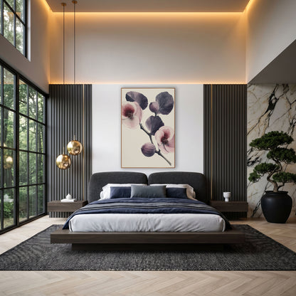 Fig Blossom Closeup Bold Study wall art in an elegant modern room – vintage botanical fig branch with plum leaves, two