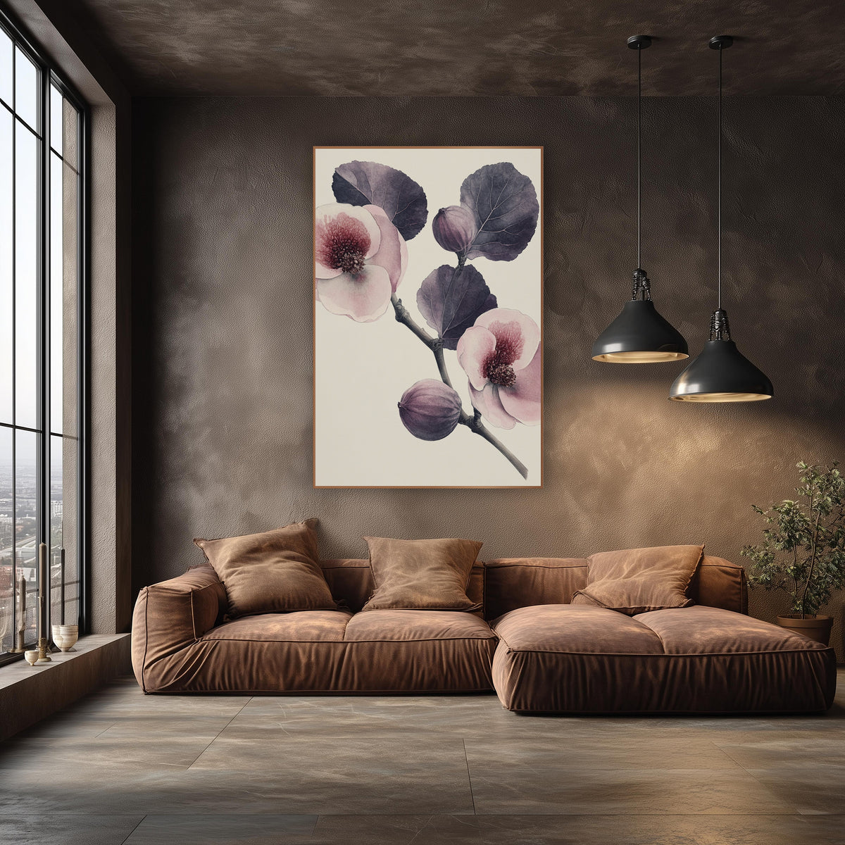 Fig Blossom Closeup Bold Study wall art in an elegant modern room – vintage botanical fig branch with plum leaves, two