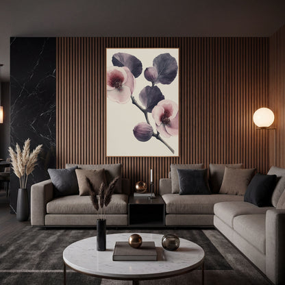 Fig Blossom Closeup Bold Study wall art in an elegant modern room – vintage botanical fig branch with plum leaves, two