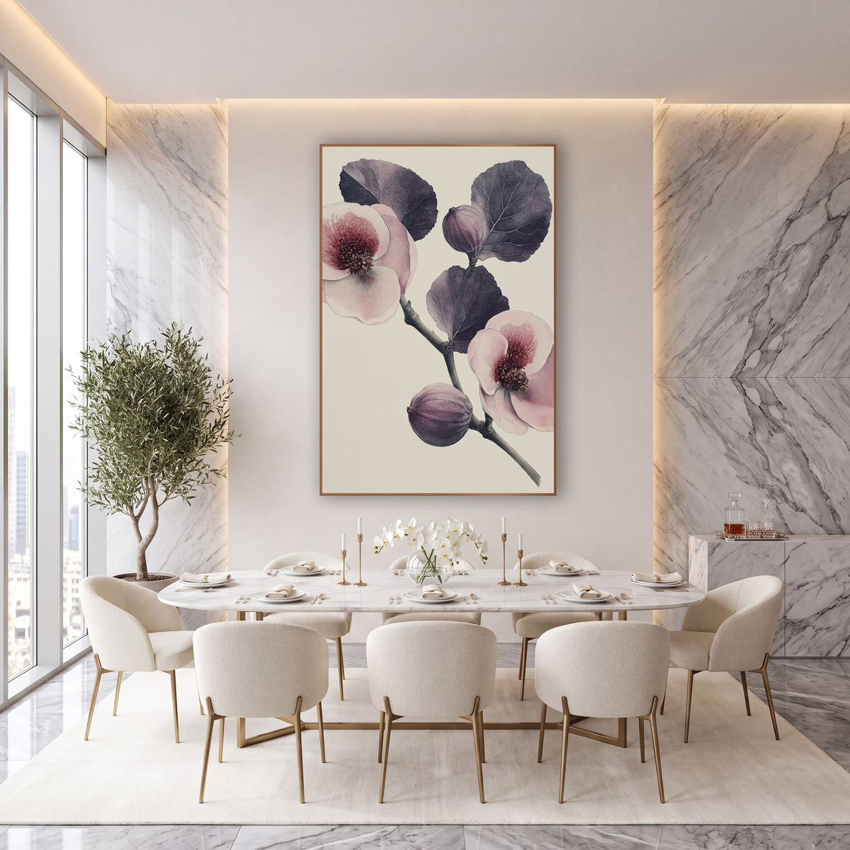 Fig Blossom Closeup Bold Study wall art in an elegant modern room – vintage botanical fig branch with plum leaves, two