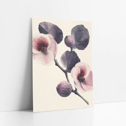 Fig Blossom Closeup Bold Study art print leaning against a white wall – vintage botanical fig branch with plum leaves, two