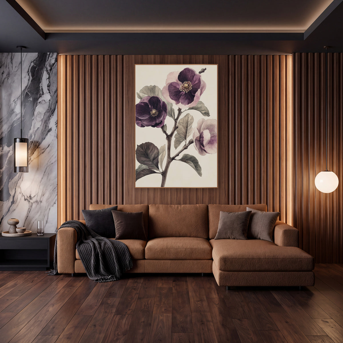Plum Purple Blossom Branch Botanical wall art in an elegant modern room – vintage botanical study of three plum