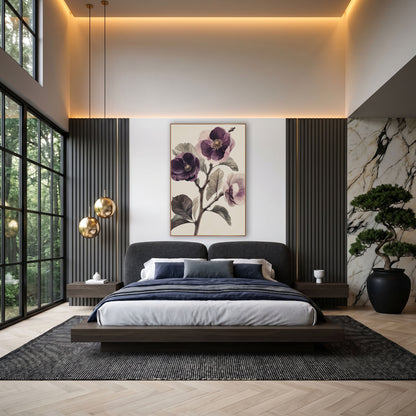 Plum Purple Blossom Branch Botanical wall art in an elegant modern room – vintage botanical study of three plum