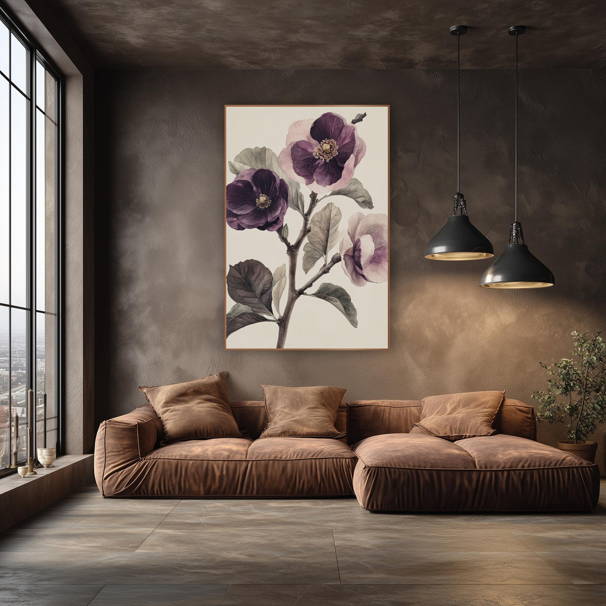 Plum Purple Blossom Branch Botanical wall art in an elegant modern room – vintage botanical study of three plum