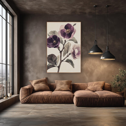 Plum Purple Blossom Branch Botanical wall art in an elegant modern room – vintage botanical study of three plum