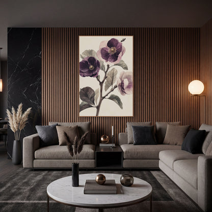 Plum Purple Blossom Branch Botanical wall art in an elegant modern room – vintage botanical study of three plum