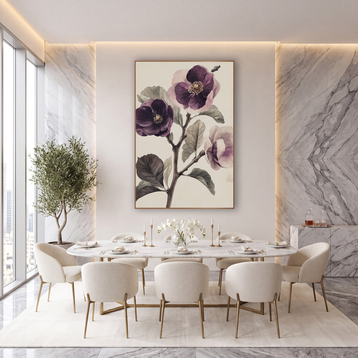 Plum Purple Blossom Branch Botanical wall art in an elegant modern room – vintage botanical study of three plum