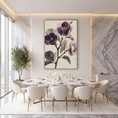 Plum Purple Blossom Branch Botanical wall art in an elegant modern room – vintage botanical study of three plum
