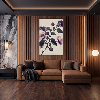 Fig Branch Triple Bloom Vintage wall art in an elegant modern room – vintage-style fig branch with pink and purple