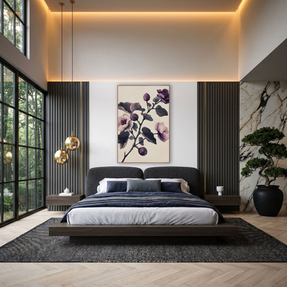 Fig Branch Triple Bloom Vintage wall art in an elegant modern room – vintage-style fig branch with pink and purple