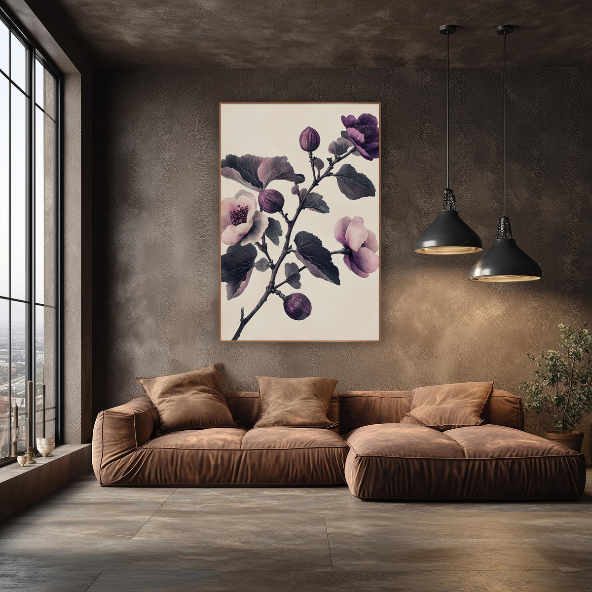Fig Branch Triple Bloom Vintage wall art in an elegant modern room – vintage-style fig branch with pink and purple