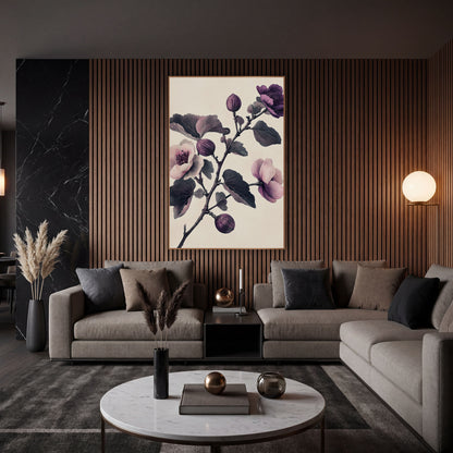 Fig Branch Triple Bloom Vintage wall art in an elegant modern room – vintage-style fig branch with pink and purple