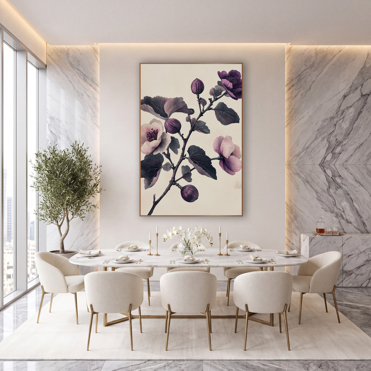 Fig Branch Triple Bloom Vintage wall art in an elegant modern room – vintage-style fig branch with pink and purple