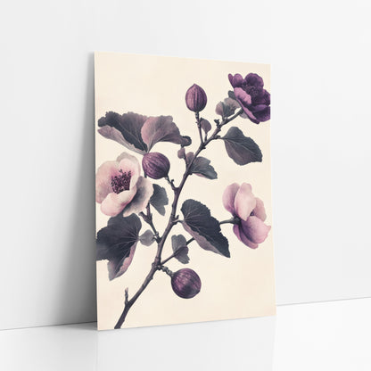 Fig Branch Triple Bloom Vintage art print leaning against a white wall – vintage-style fig branch with pink and purple