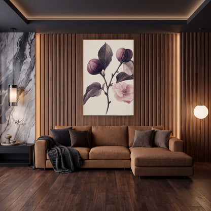 Twin Figs Single Blossom Antique wall art in an elegant modern room – vintage botanical drawing of a fig branch