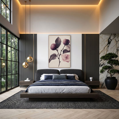 Twin Figs Single Blossom Antique wall art in an elegant modern room – vintage botanical drawing of a fig branch