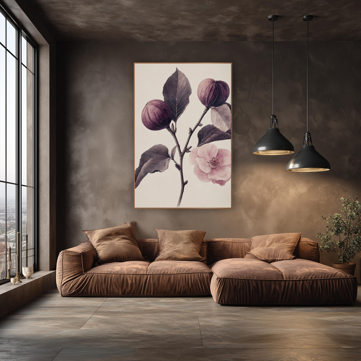 Twin Figs Single Blossom Antique wall art in an elegant modern room – vintage botanical drawing of a fig branch