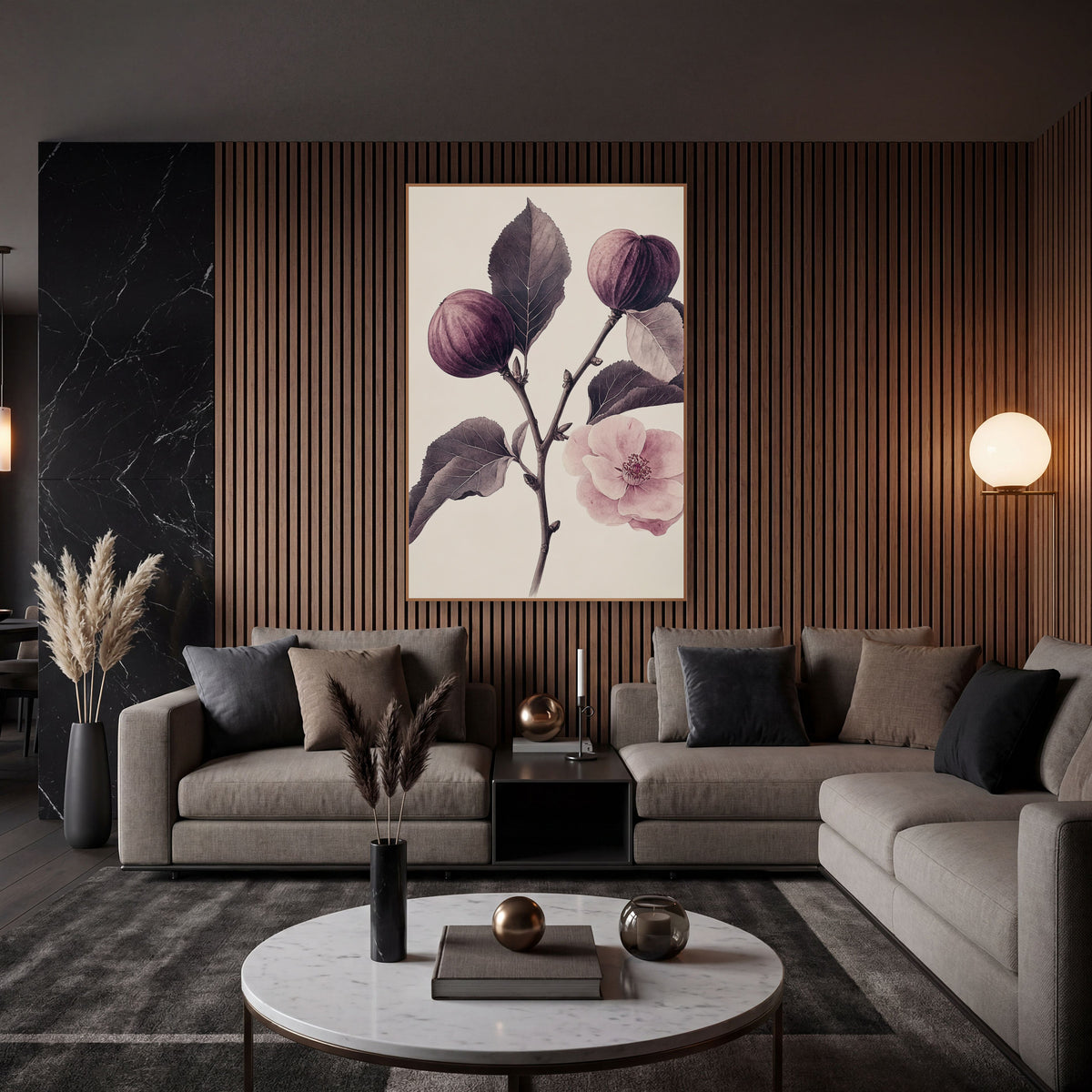 Twin Figs Single Blossom Antique wall art in an elegant modern room – vintage botanical drawing of a fig branch