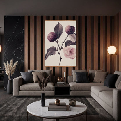 Twin Figs Single Blossom Antique wall art in an elegant modern room – vintage botanical drawing of a fig branch
