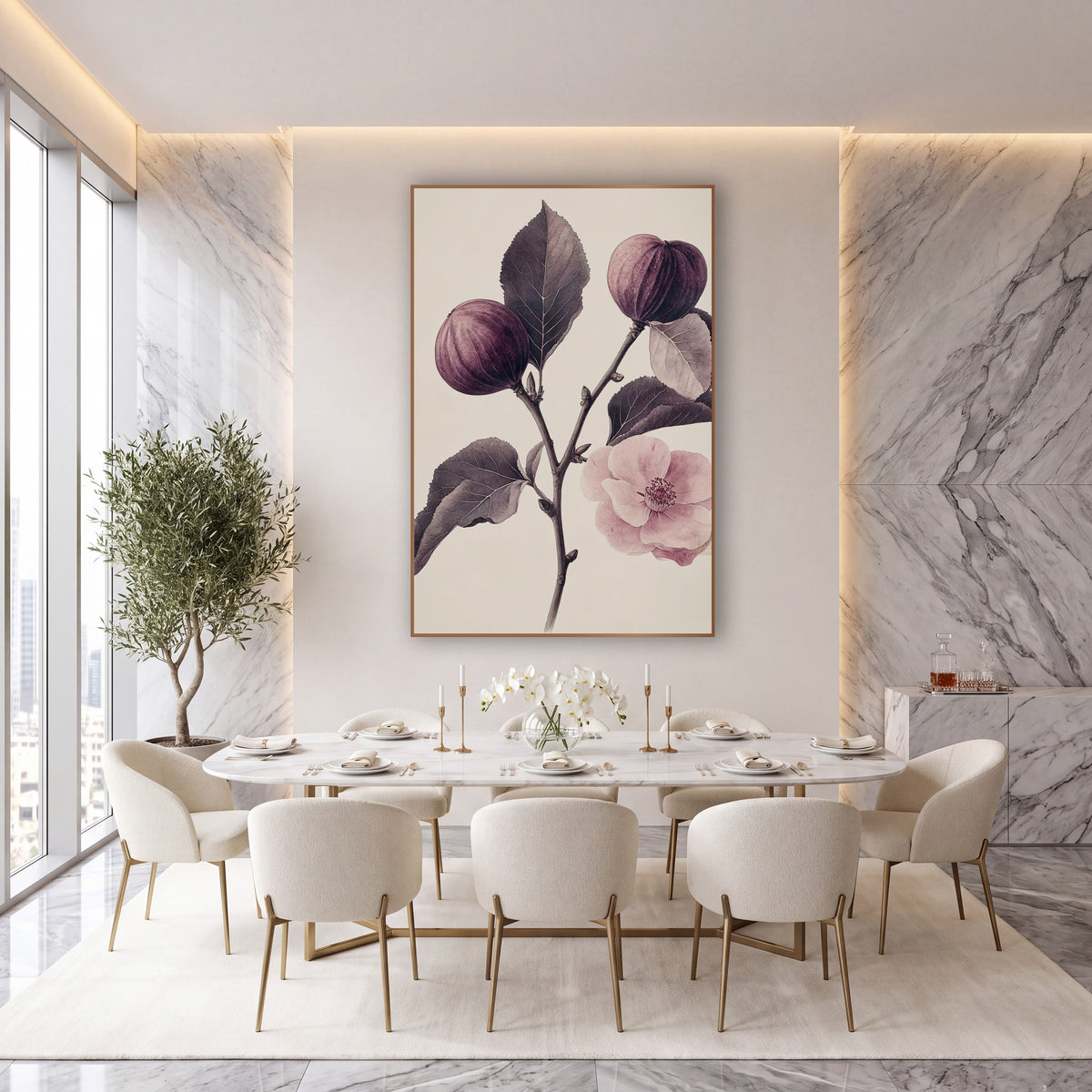 Twin Figs Single Blossom Antique wall art in an elegant modern room – vintage botanical drawing of a fig branch