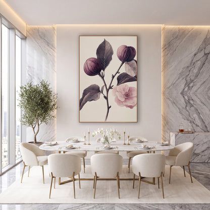 Twin Figs Single Blossom Antique wall art in an elegant modern room – vintage botanical drawing of a fig branch