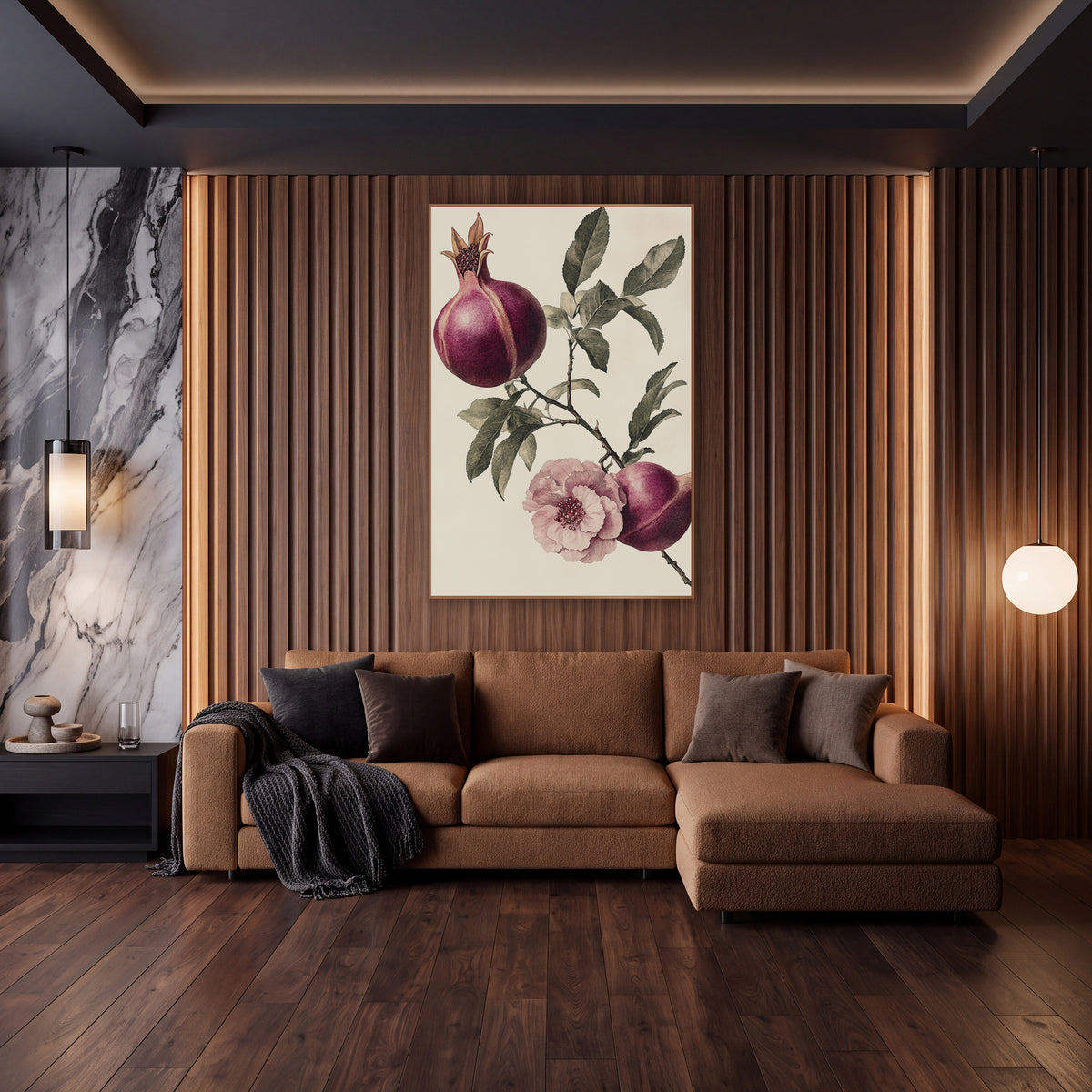 Pomegranate Pair Pink Blossom Vintage wall art in an elegant modern room – vintage botanical drawing of a pomegranate