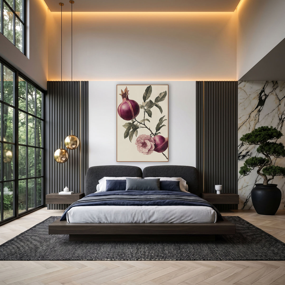 Pomegranate Pair Pink Blossom Vintage wall art in an elegant modern room – vintage botanical drawing of a pomegranate