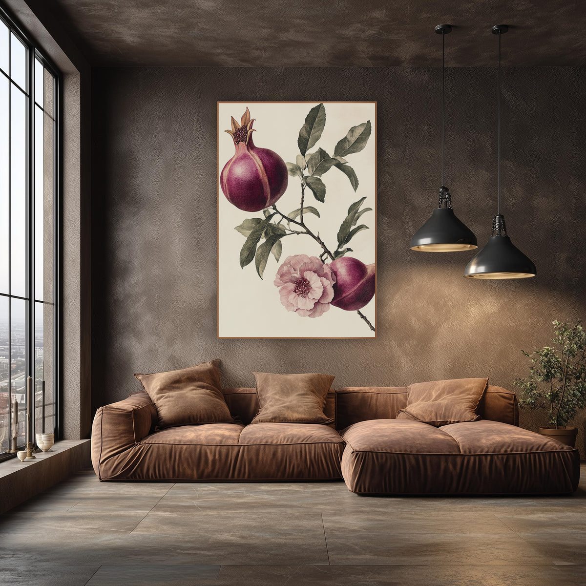 Pomegranate Pair Pink Blossom Vintage wall art in an elegant modern room – vintage botanical drawing of a pomegranate