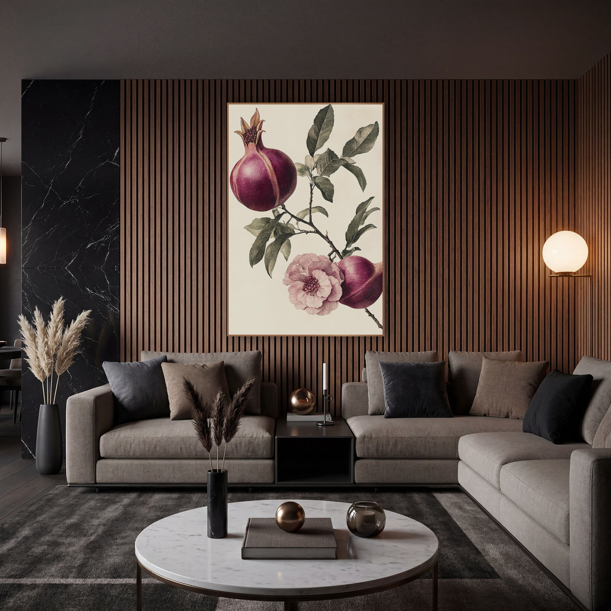 Pomegranate Pair Pink Blossom Vintage wall art in an elegant modern room – vintage botanical drawing of a pomegranate