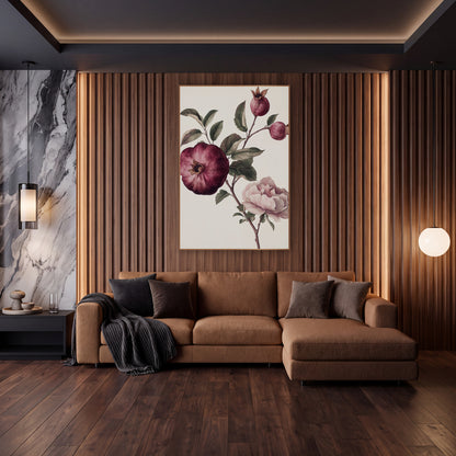 Pomegranate Buds Pink Peony Botanical wall art in an elegant modern room – botanical study of a burgundy pomegranate