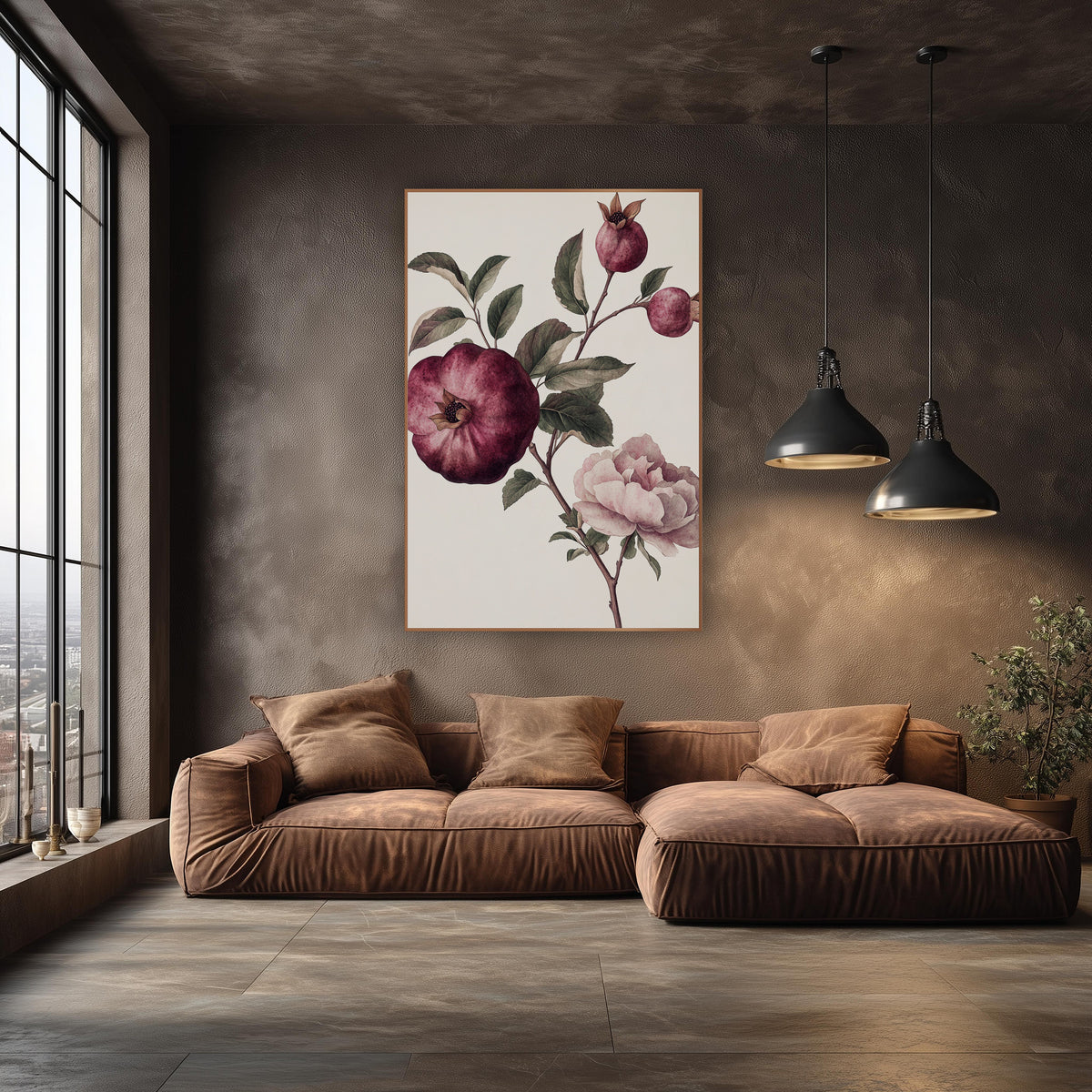 Pomegranate Buds Pink Peony Botanical wall art in an elegant modern room – botanical study of a burgundy pomegranate