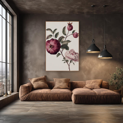 Pomegranate Buds Pink Peony Botanical wall art in an elegant modern room – botanical study of a burgundy pomegranate