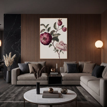 Pomegranate Buds Pink Peony Botanical wall art in an elegant modern room – botanical study of a burgundy pomegranate