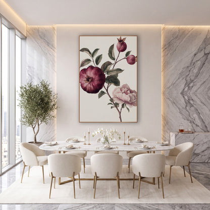 Pomegranate Buds Pink Peony Botanical wall art in an elegant modern room – botanical study of a burgundy pomegranate