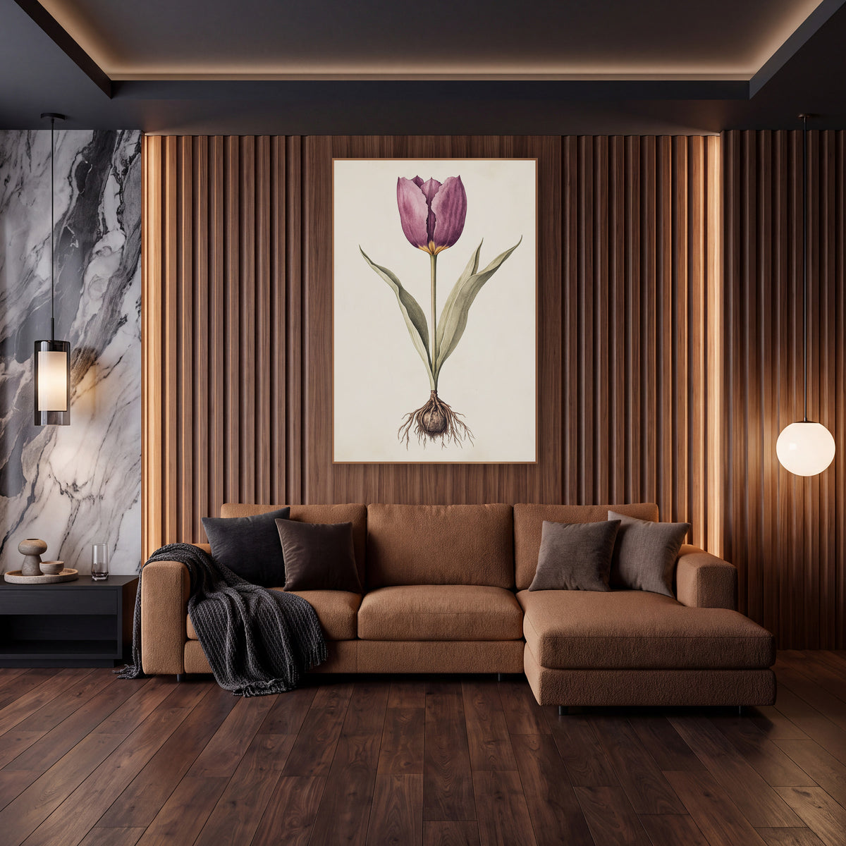 Plum Tulip Bulb Botanical Study wall art in an elegant modern room – botanical study of a plum-purple tulip