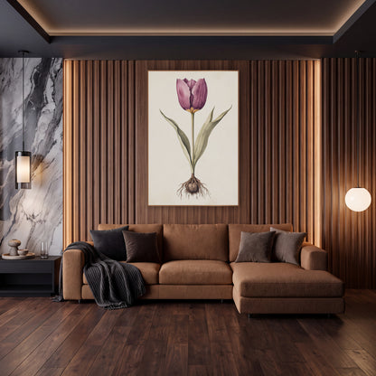 Plum Tulip Bulb Botanical Study wall art in an elegant modern room – botanical study of a plum-purple tulip