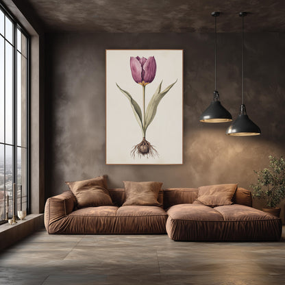 Plum Tulip Bulb Botanical Study wall art in an elegant modern room – botanical study of a plum-purple tulip