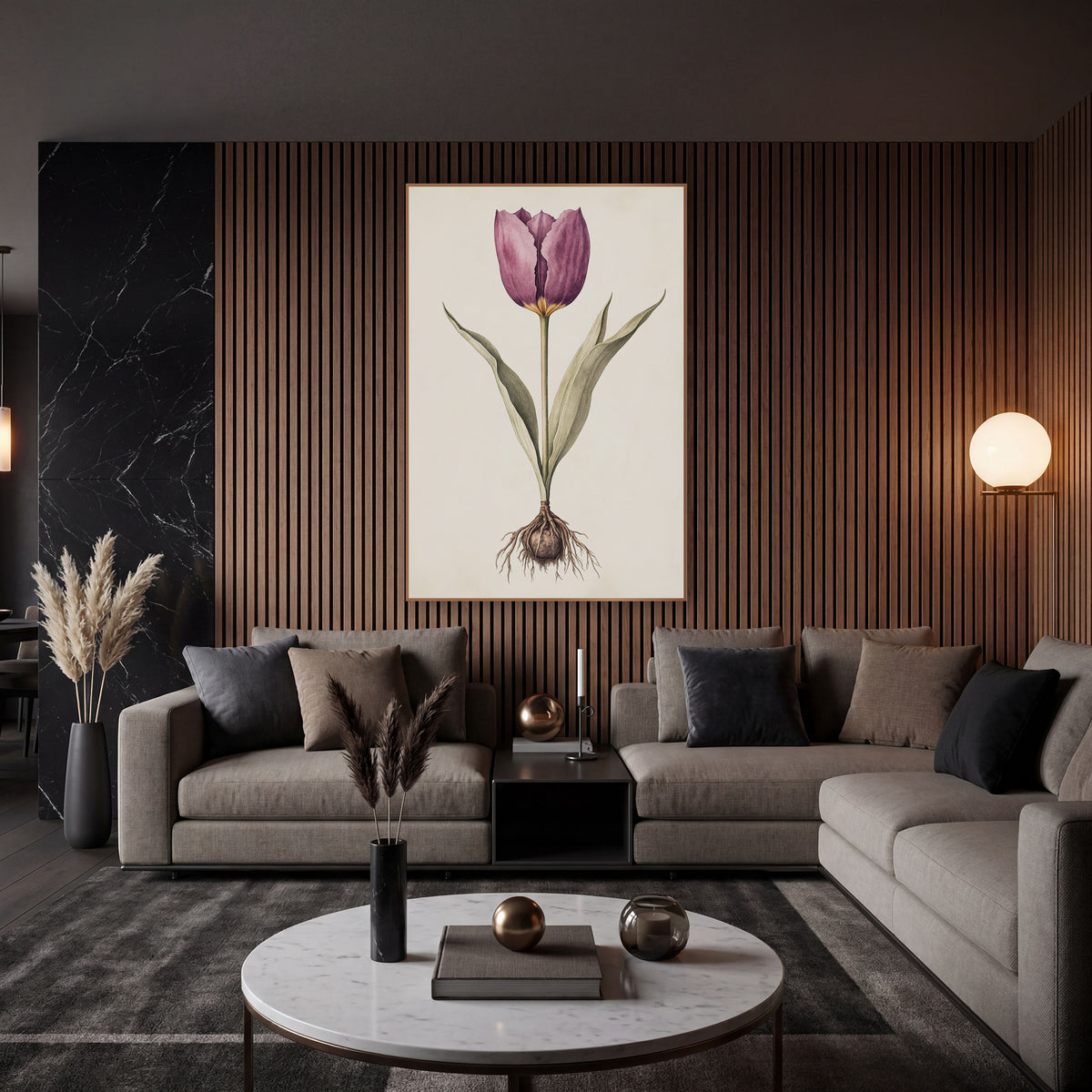 Plum Tulip Bulb Botanical Study wall art in an elegant modern room – botanical study of a plum-purple tulip