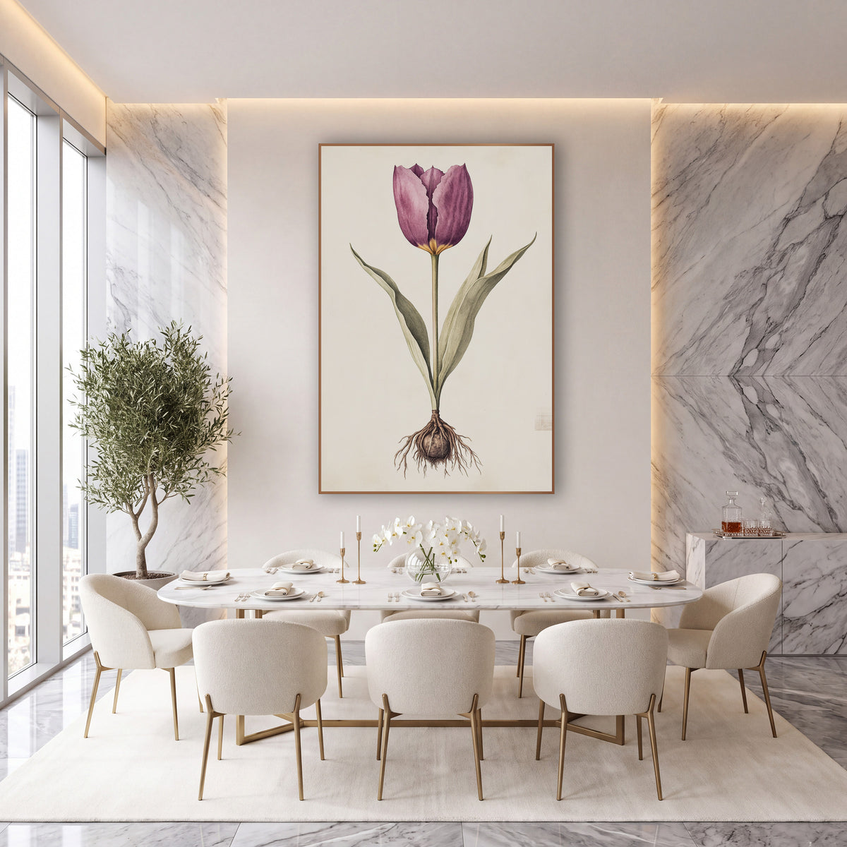 Plum Tulip Bulb Botanical Study wall art in an elegant modern room – botanical study of a plum-purple tulip