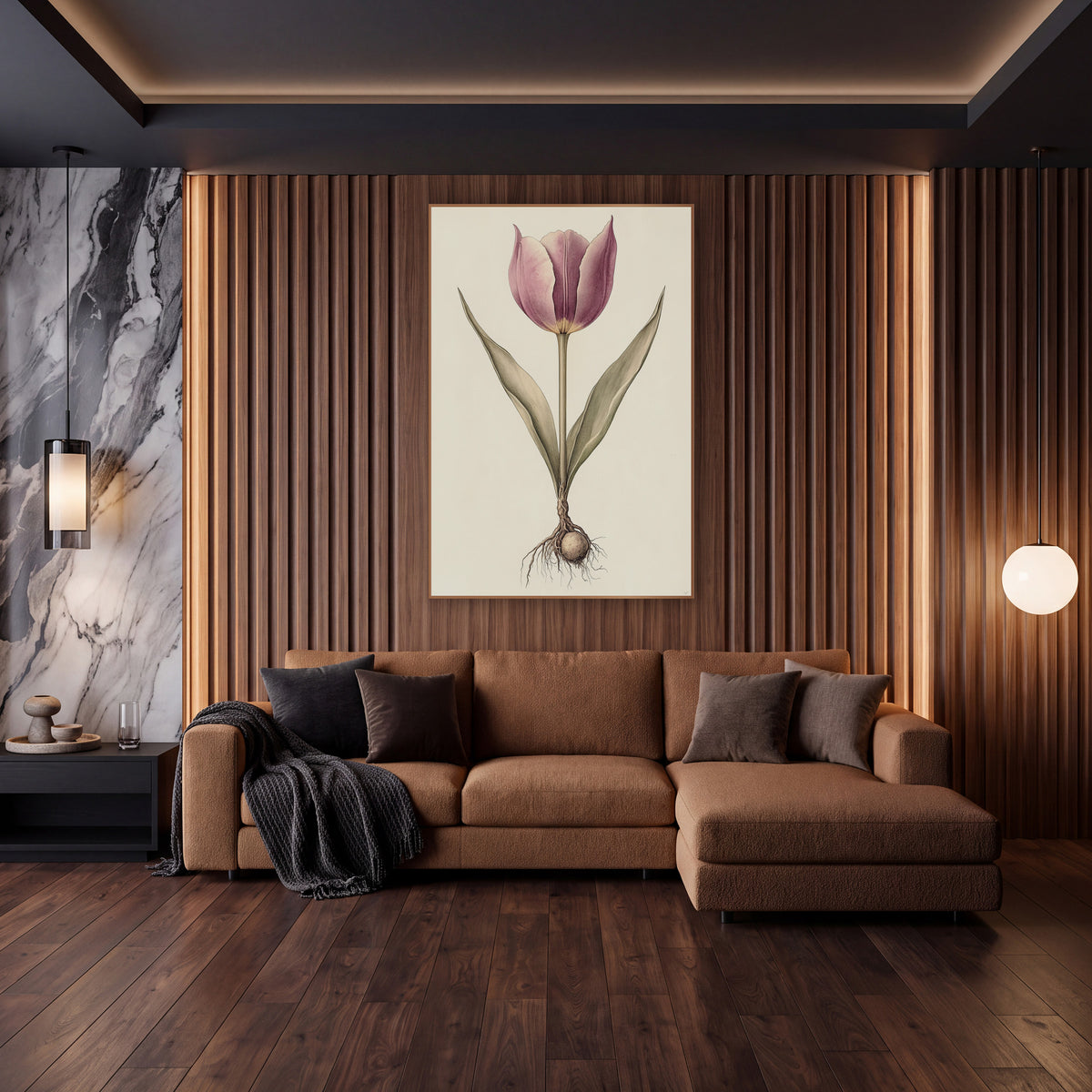 Mauve Tulip and Bulb Botanical wall art in an elegant modern room – botanical drawing of a mauve tulip with two slim
