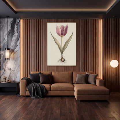 Mauve Tulip and Bulb Botanical wall art in an elegant modern room – botanical drawing of a mauve tulip with two slim