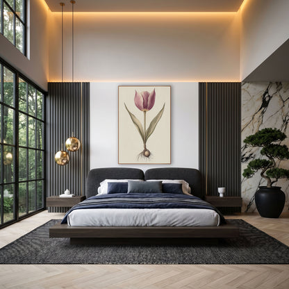 Mauve Tulip and Bulb Botanical wall art in an elegant modern room – botanical drawing of a mauve tulip with two slim