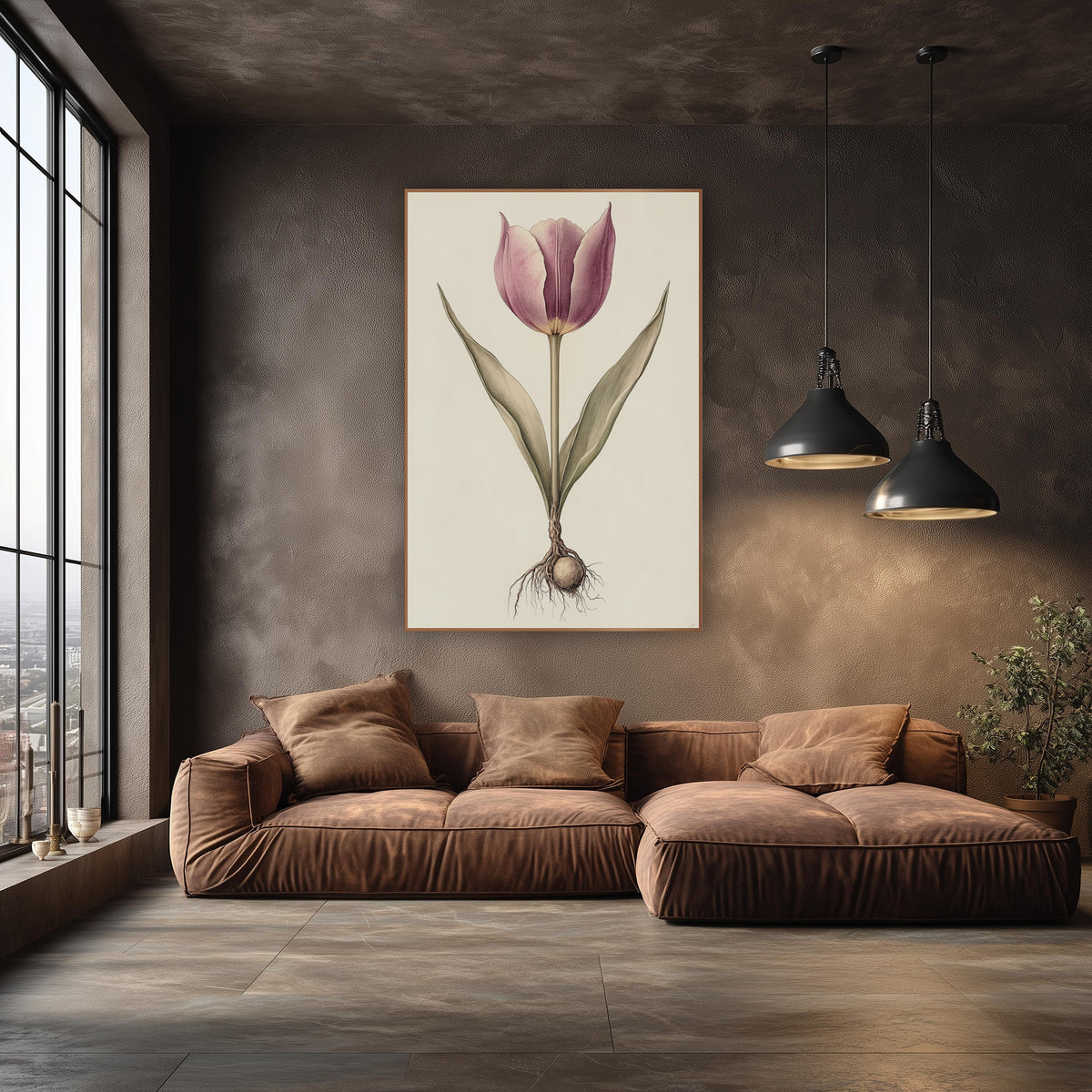 Mauve Tulip and Bulb Botanical wall art in an elegant modern room – botanical drawing of a mauve tulip with two slim
