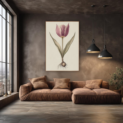 Mauve Tulip and Bulb Botanical wall art in an elegant modern room – botanical drawing of a mauve tulip with two slim