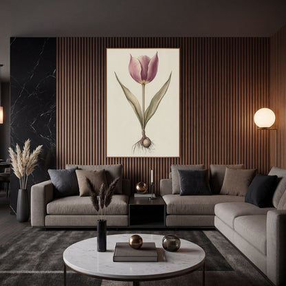 Mauve Tulip and Bulb Botanical wall art in an elegant modern room – botanical drawing of a mauve tulip with two slim