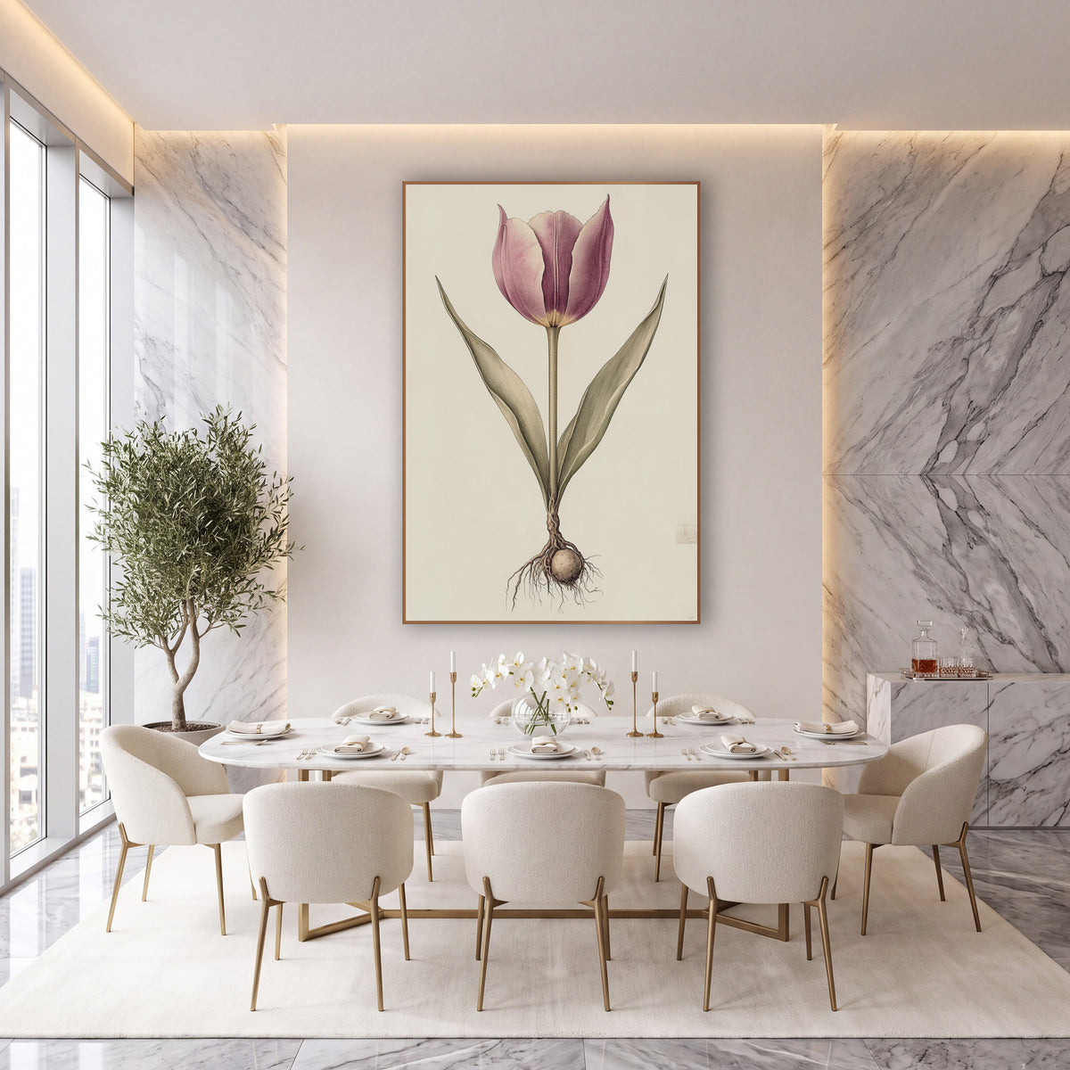 Mauve Tulip and Bulb Botanical wall art in an elegant modern room – botanical drawing of a mauve tulip with two slim
