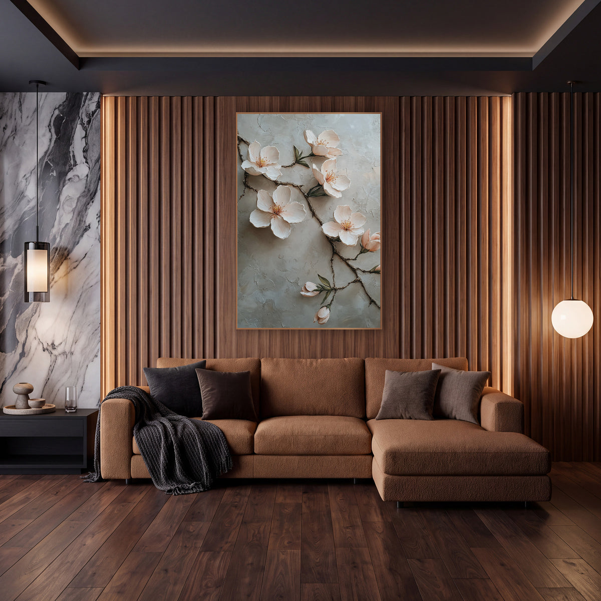 Blush Almond Branch Romantic Decor wall art in an elegant modern room – branch of cream and blush-pink almond blossoms