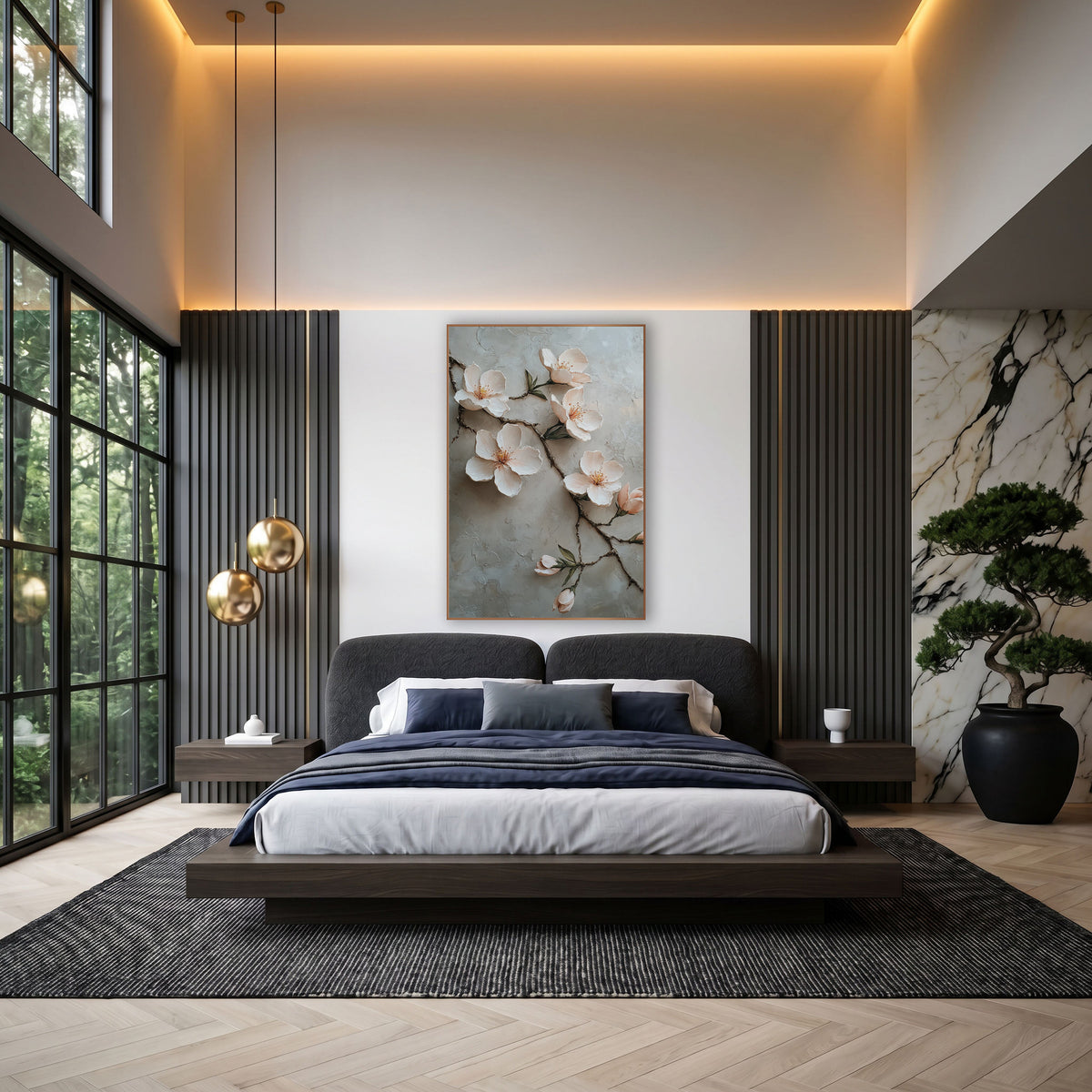 Blush Almond Branch Romantic Decor wall art in an elegant modern room – branch of cream and blush-pink almond blossoms